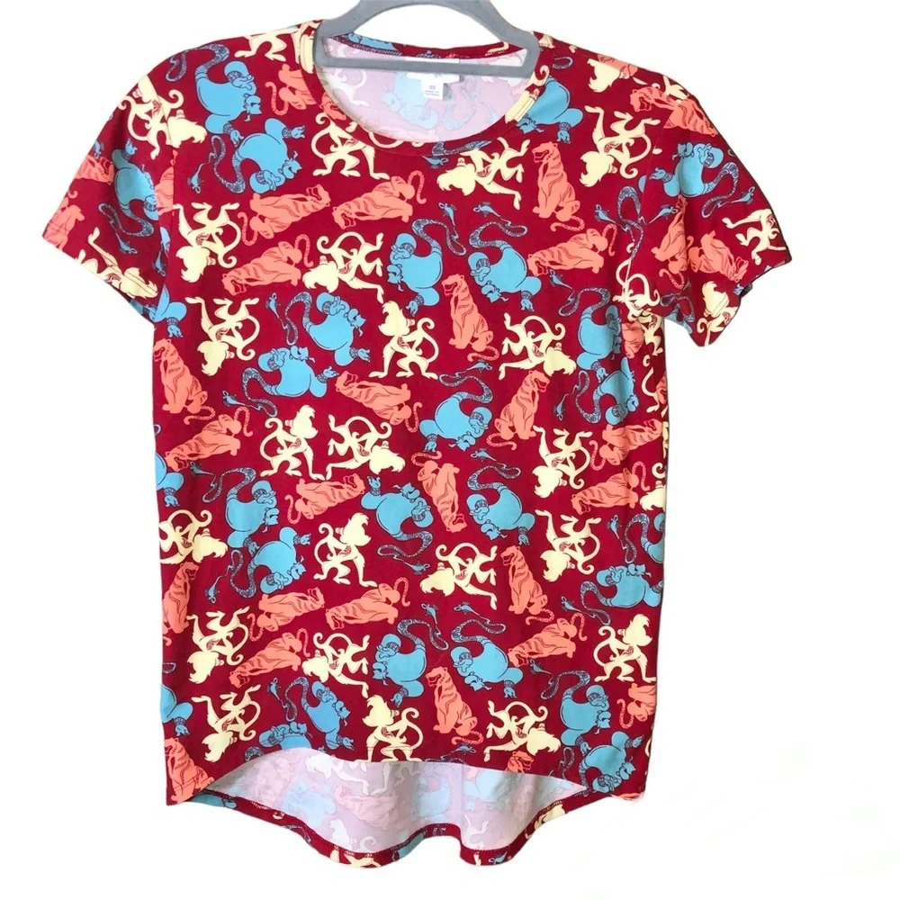 LuLaRoe Disney Aladdin Genie Abu Raja Tiger high low Shirt‎ red girls size 10